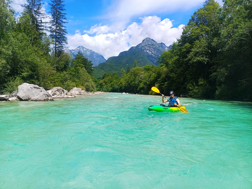 Bovec: Iconic Sit-on-Top Kayak Tour on Soča River +FREEphoto - Paddling from Cezsoca Bridge toward Hotel Boka