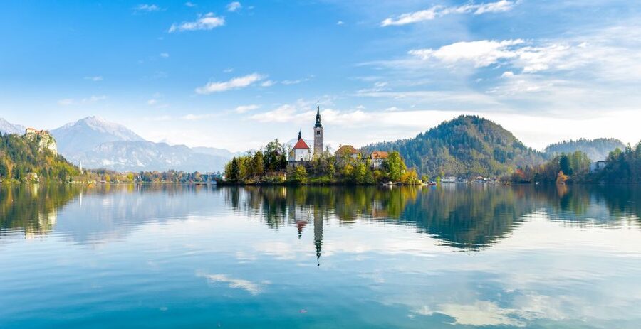 The island church on Lake Bled with the Karavanke behind it